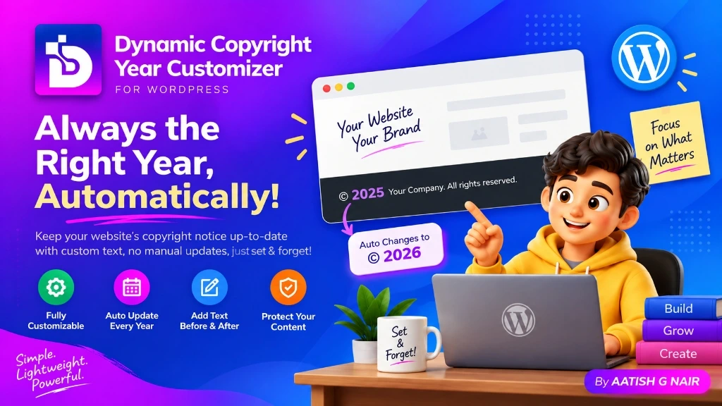 Dynamic Copyright Year Customizer for WordPress & Elementor - Automatic Year Updates